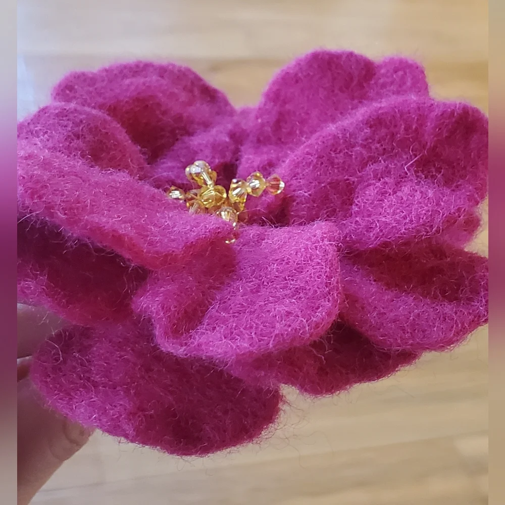 Handmade wool swarovski crystals large hot pink flover brooch and hair decor